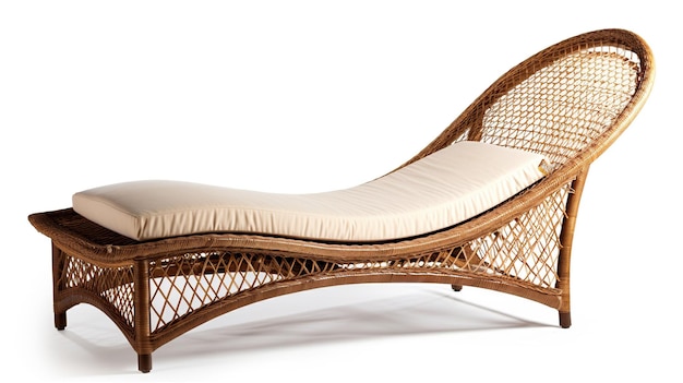 a wicker rattan lounge chair with a white cushion on white background