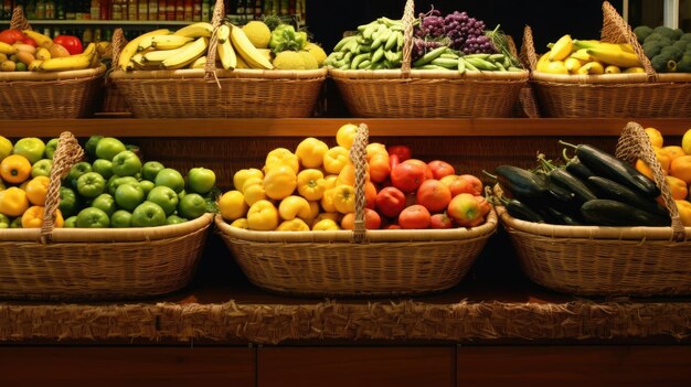 a wicker resin basket stand of produce section in a supermarket