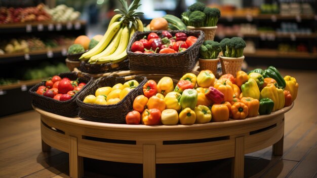 a wicker resin basket stand of produce section in a supermarket