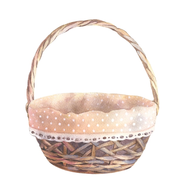 Wicker round basket for easter decor picnic or home decor hand drawn watercolor illustration of