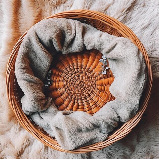 Photo wicker storage basket with woolen blanket inside and cushions on sheep carpet top view from above