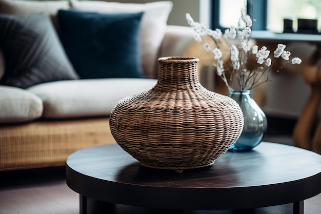 Wicker Vase CloseUp on Coffee Table in Living Room Generative AI