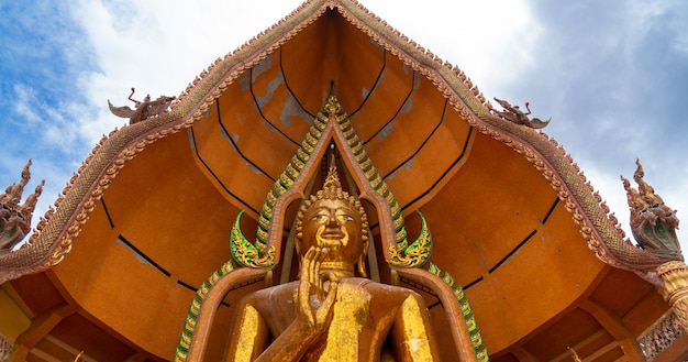 Фото Широкоформатный крупный план золотой большой статуи будды благословения в храме ват тхам суа, канчанабури, таиланд.