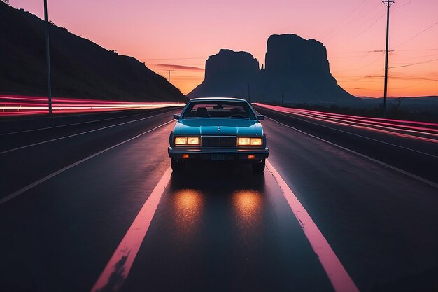 Photo wide angle lens1980s retro car drive with sunsetneon highway road cinematic minimalistreflective