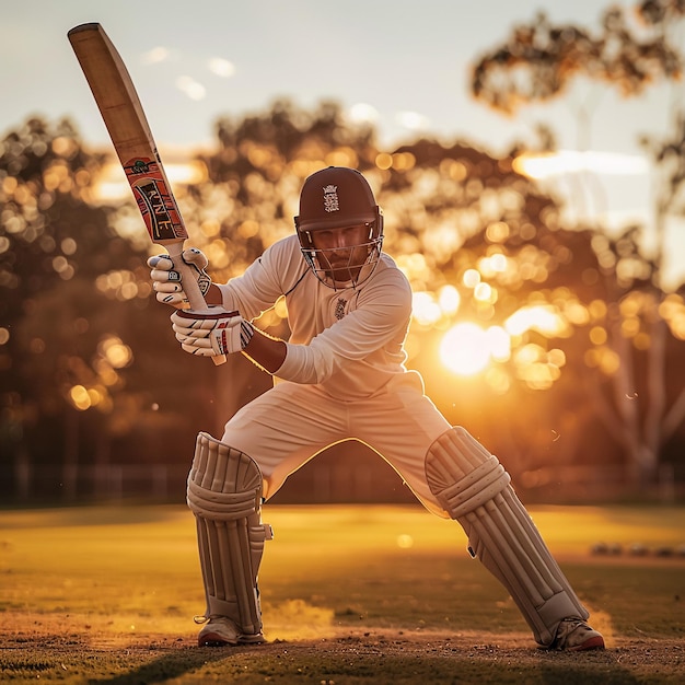 wide angle male gen z model playing cricket in a large field hitting the ball with gray Nicolls cricket bat golden hour epic cinematic inspirational glowing action shot