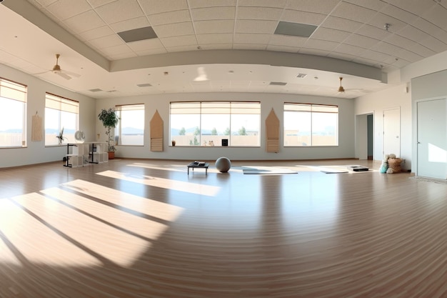 Wide-angle opname van een ruime minimalistische yoga studio gemaakt met generatieve AI