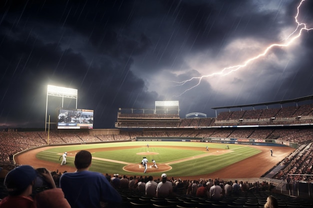A wide angle of a outdoor baseball stadium full of spectators under a stormy night sky