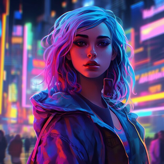A wide angle photo of a blonde cyberpunk girl with no glowing blue eyes Ina neon city