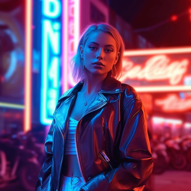 A wide angle photo of a blonde cyberpunk girl with no glowing blue eyes Ina neon city