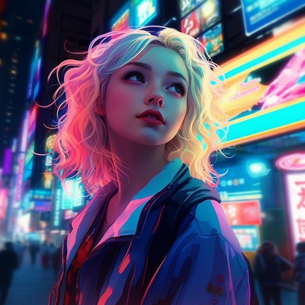 A wide angle photo of a blonde cyberpunk girl with no glowing blue eyes Ina neon city