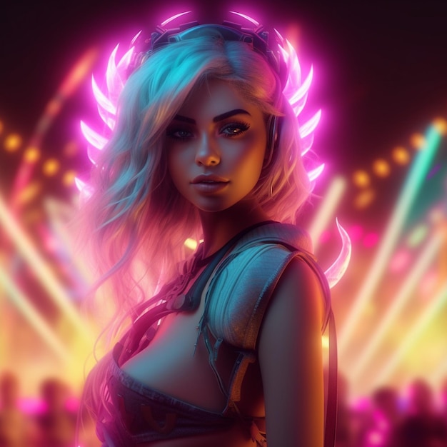 A wide angle photo of a blonde cyberpunk girl with no glowing blue eyes Ina neon city