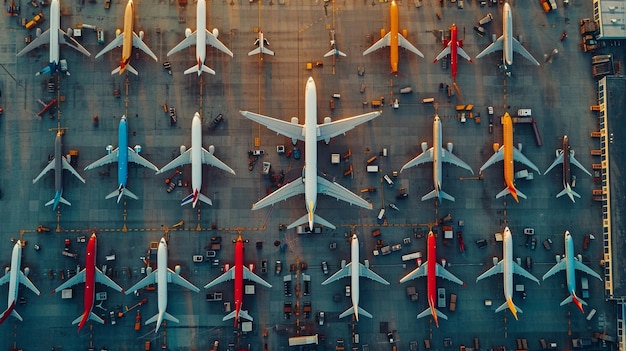 Photo wide angle photo from above of white plane parking with a huge amount of planes