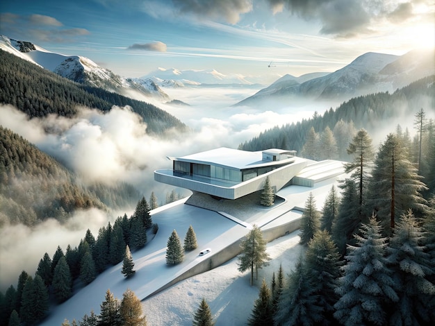 Wide angle photo of a modern futuristic house in a valley surrounded by fog and trees