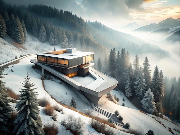 Wide angle photo of a modern futuristic house in a valley surrounded by fog and trees