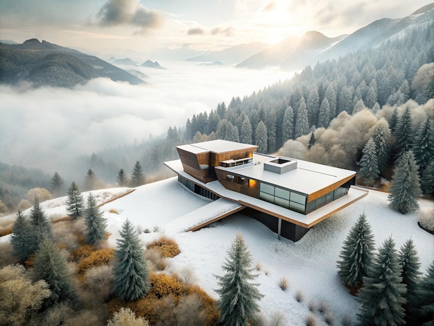 Wide angle photo of a modern futuristic house in a valley surrounded by fog and trees