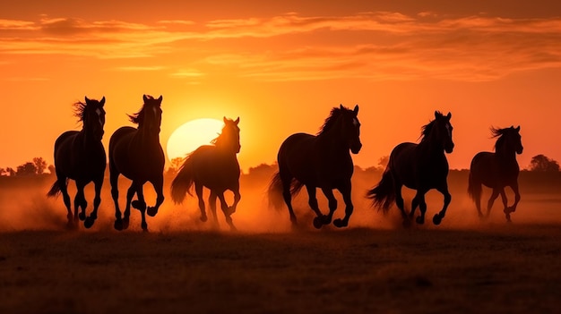 広角写真のポートレート平原を走る馬のシルエット、太陽が沈む 走っている種牡馬のシルエット、夕暮れと日没を走る野生の馬 生成 AI