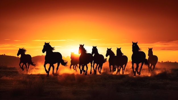 Wide angle photo portrait silhouette of horses running on plains the sun is setting silhouette of running stallions wild horses running dusk and sunse Generative AI