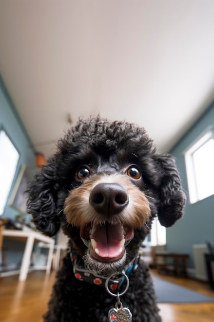 Photo wide angle portrait of a black dog at home looking to a the camera with open mouth