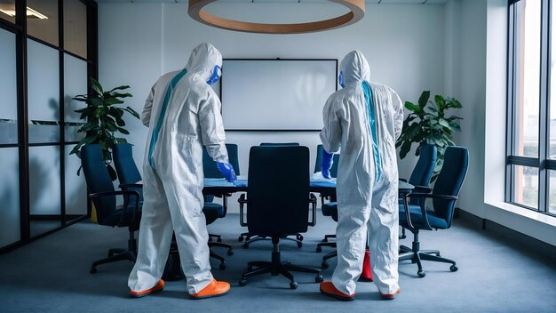 Wide angle portrait of two sanitation workers wearing hazmat suits cleaning and disinfecting confer