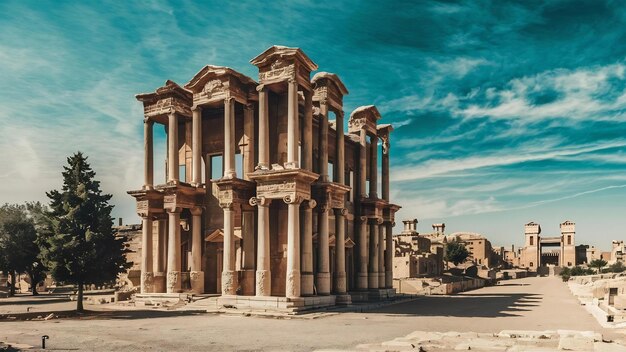 Wide angle shot of an ancient building with towers in jerash jordan