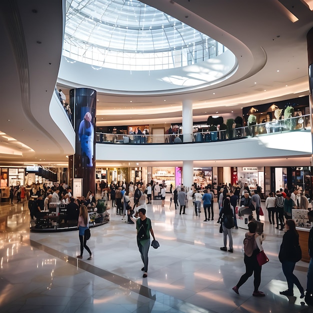 A wide angle shot of a large shopping mall with many stores people in it