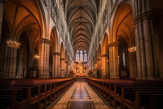 Wide angle shot of nave and gothic architecture created with generative ai