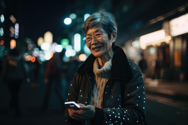 写真 夜の都会の街路を背景に携帯電話を使用した年配の中国人日本人女性のトレンディな服の広角ショット 生成 ai aig18