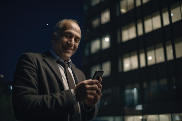 Wide angle shot of a senior caucasian businessman executive using mobile phone with background of modern office buildings at night Generative AI AIG18