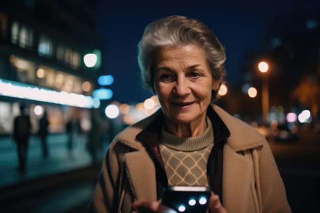 Wide angle shot of a senior caucasian woman trendy clothes using phone Generative AI AIG18