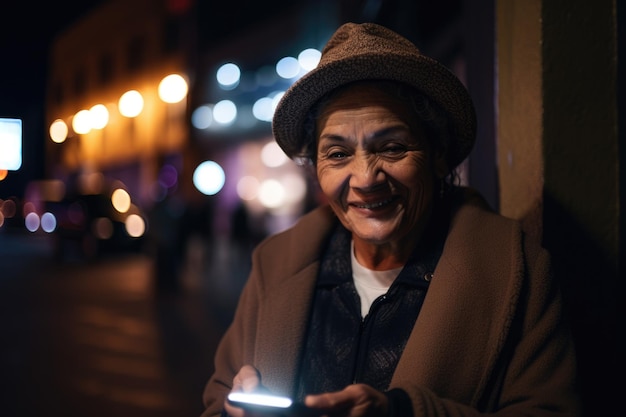 夜の都会の街路を背景に携帯電話を使用したトレンディな服を着たメキシコ人ヒスパニック系シニア女性の広角ショット 生成 AI AIG18