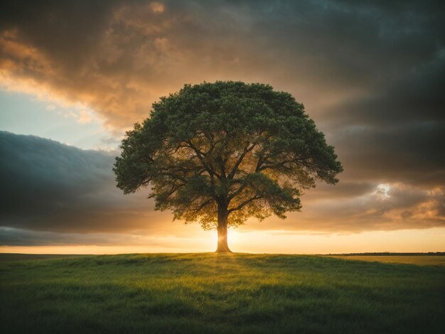 Foto presa ad ampio angolo di un singolo albero che cresce sotto un cielo nuvoloso durante un tramonto circondato dall'erba
