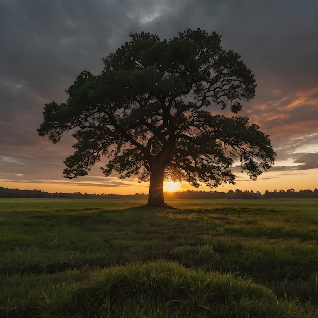 Photo wide angle shot of a single tree growing under a clouded sky during a sunset surrounded by grass