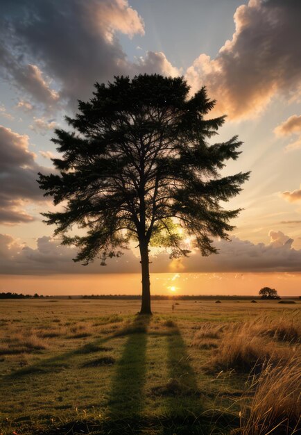 wide angle shot of a single tree growing under a clouded sky during a sunset surrounded by grass