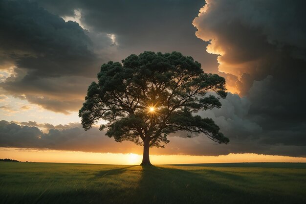 Wide angle shot of a single tree growing under a clouded sky during a sunset surrounded by grass