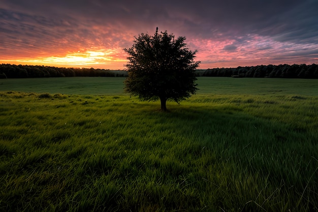 Wide angle shot of a single tree growing under a clouded sky during a sunset surrounded by grass