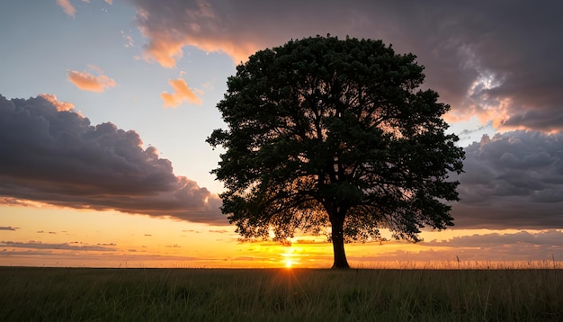 Широкоугольный снимок одного дерева, растущего под облачным небом во время заката в окружении травы