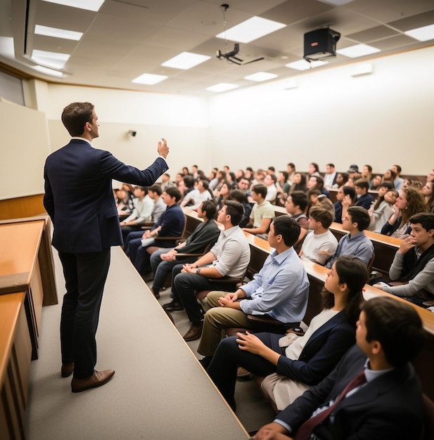 A wide-angle shot of a teacher giving a lecture in a large lecture hall, education stock images