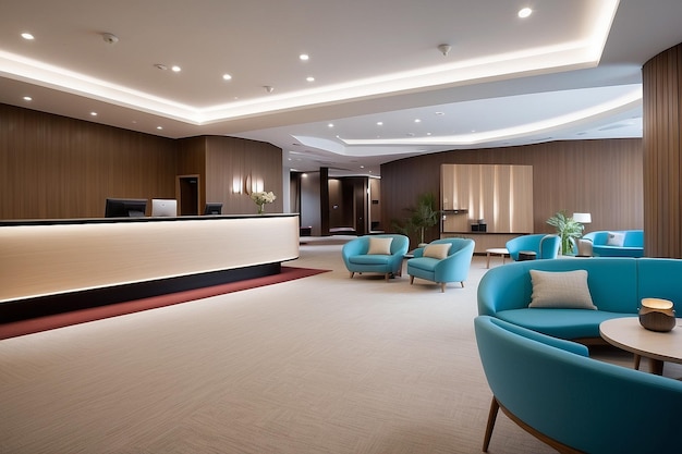 Wide angle shot of travel accommodation hotel lounge with check in reception desk ar c v