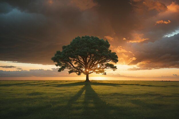 Wide-angle shot van een enkele boom die groeit onder een bewolkte hemel tijdens een zonsondergang omringd door gras