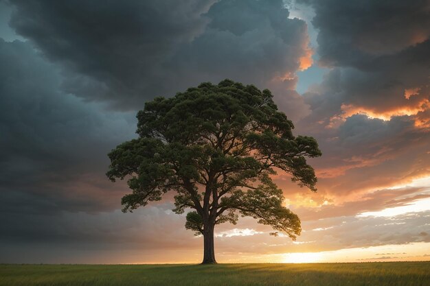 Wide-angle shot van een enkele boom die groeit onder een bewolkte hemel tijdens een zonsondergang omringd door gras