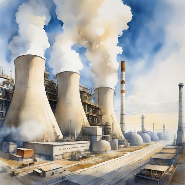 Широкоугольный снимок белого дыма, выходящего из атомной станции, акварельное искусство, генеративный ai