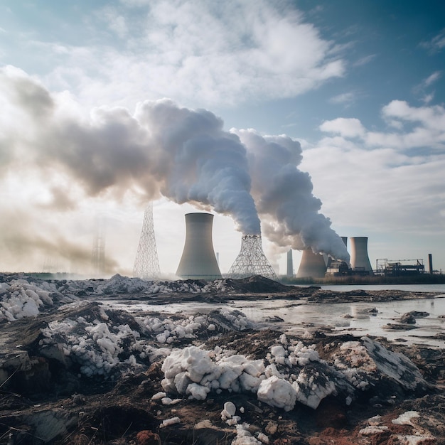 wide angle shot of white smoke coming out of the nuclear plants