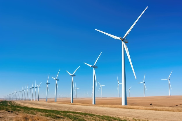 A wide angle shot of a wind farm against a clear blue sky Generative AI