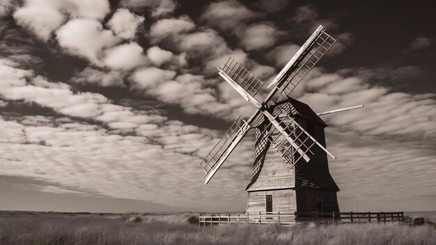 Wide angle shot of a windmill under a sky full of clouds
