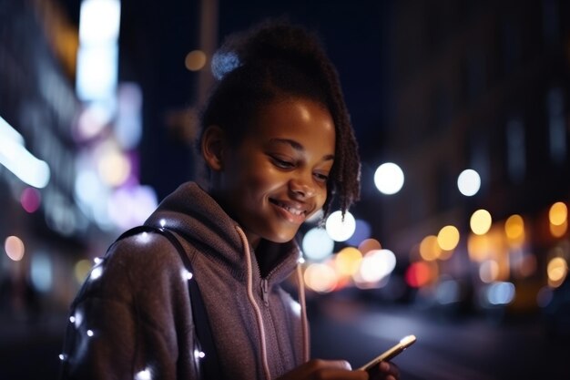 Photo wide angle shot of a young africanamerican 10yearold little girl trendy clothes using mobile phone with background of urban city street at night generative ai aig18