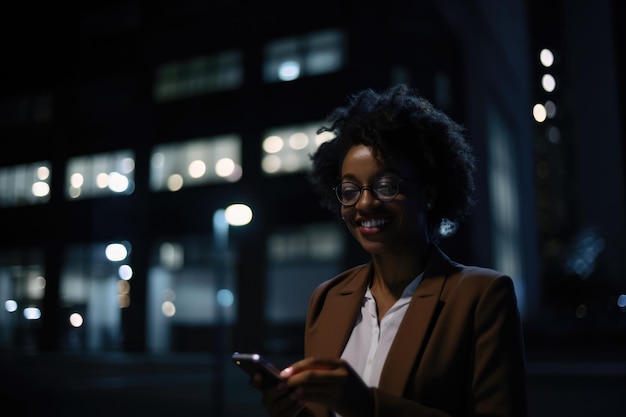 Широкоугольный снимок молодой афроамериканской бизнес-леди, использующей мобильный телефон на фоне современных офисных зданий ночью Генеративный AI AIG18
