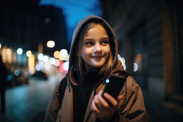 Wide angle shot of a young caucasian 10yearold little girl trendy clothes using mobile phone with background of urban city street at night Generative AI AIG18