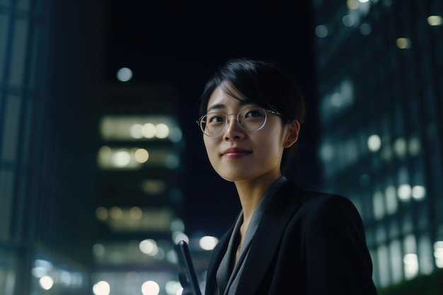 Wide angle shot of a young chinese japanese businesswoman executive using mobile phone with background of modern office buildings at night Generative AI AIG18