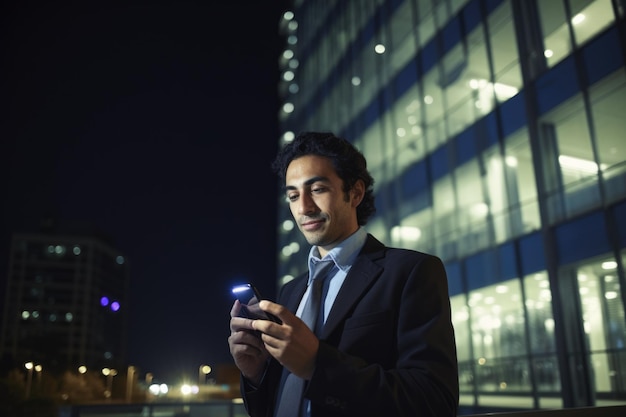 Wide angle shot of a young mexican hispanic businessman executive using mobile phone with background of modern office buildings at night Generative AI AIG18