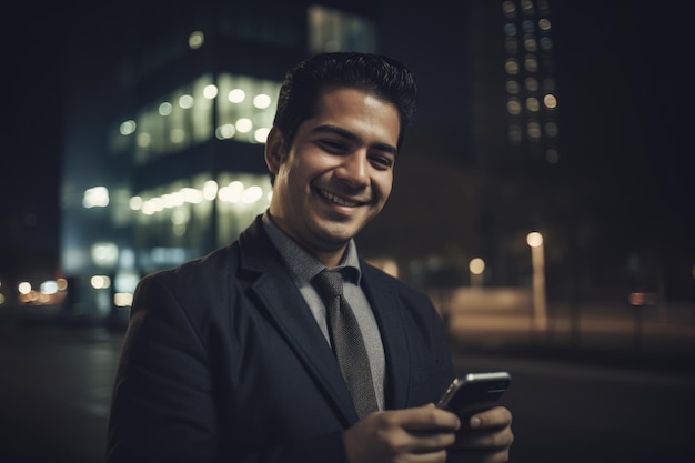 Широкоугольный снимок молодого мексиканского латиноамериканского бизнесмена-руководителя, использующего мобильный телефон на фоне современных офисных зданий ночью Генеративный AI AIG18